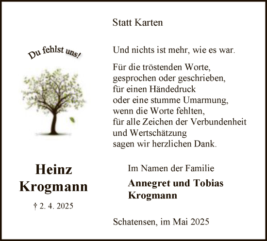 Traueranzeige von Heinz Krogmann von UEL