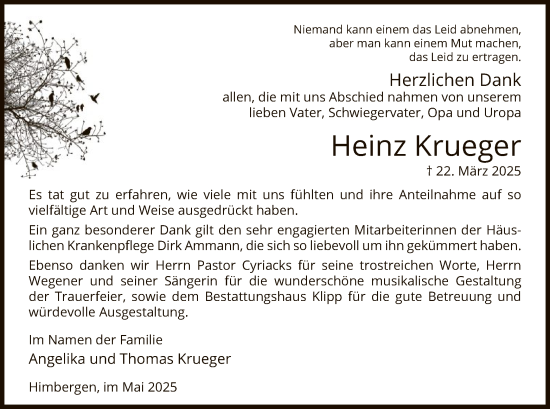Traueranzeige von Heinz Krueger von UEL