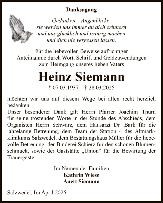 Traueranzeige von Heinz Siemann von UEL