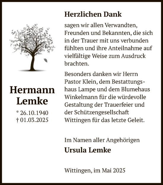 Traueranzeige von Hermann Lemke von UEL