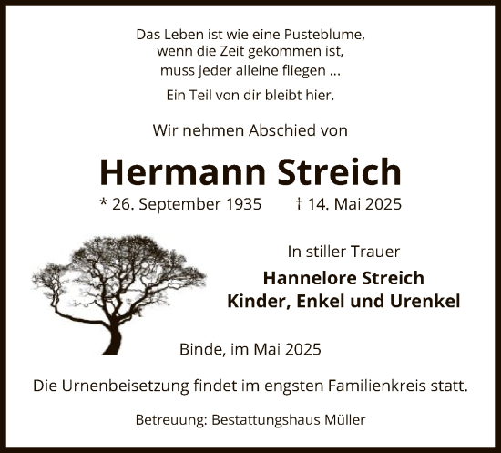 Traueranzeige von Hermann Streich von UEL