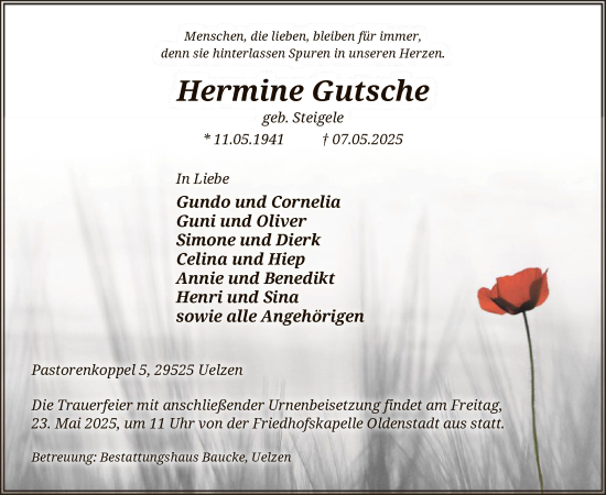 Traueranzeige von Hermine Gutsche von UEL