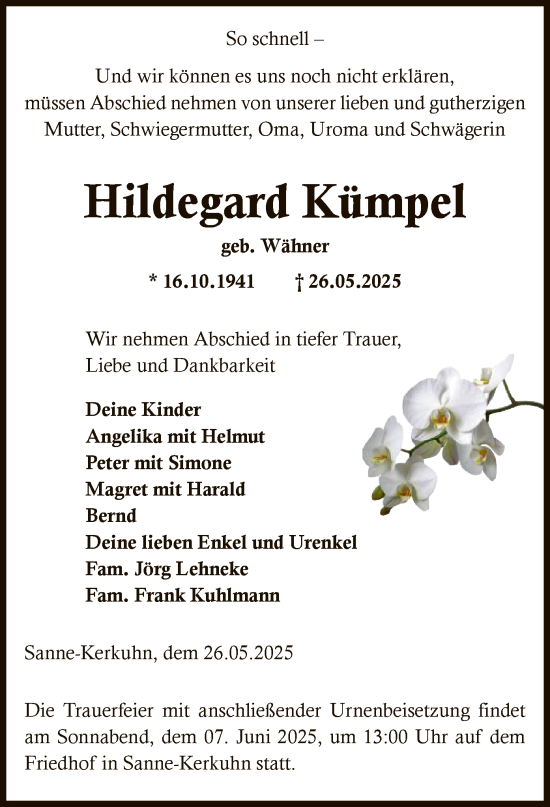 Traueranzeige von Hildegard Kümpel von AMZ
