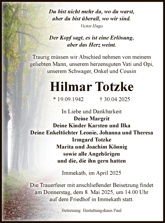 Traueranzeige von Hilmar Totzke von UEL
