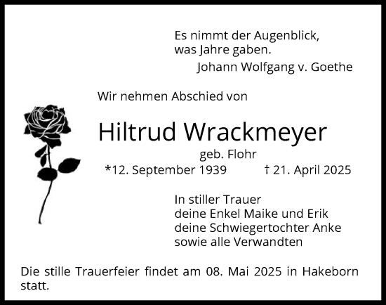 Traueranzeige von Hiltrud Wrackmeyer von UEL