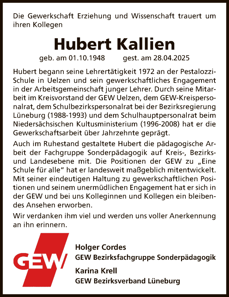  Traueranzeige für Hubert Kallien vom 10.05.2025 aus UEL