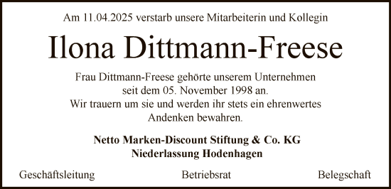 Traueranzeige von Ilona Dittmann-Freese von UEL