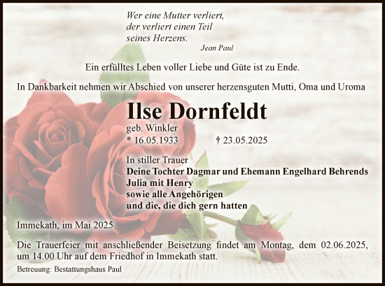 Traueranzeige von Ilse Dornfeldt von AMZ