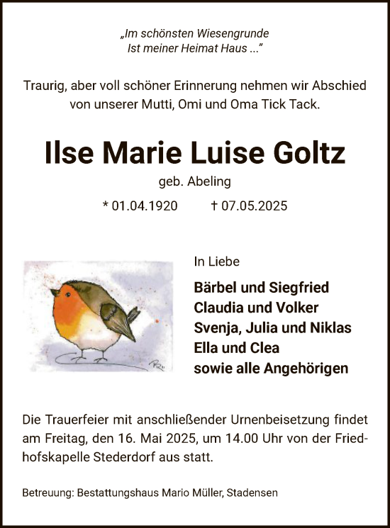 Traueranzeige von Ilse Marie Luise Goltz von UEL