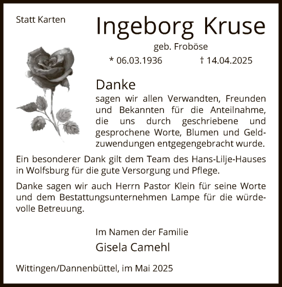 Traueranzeige von Ingeborg Kruse von UEL