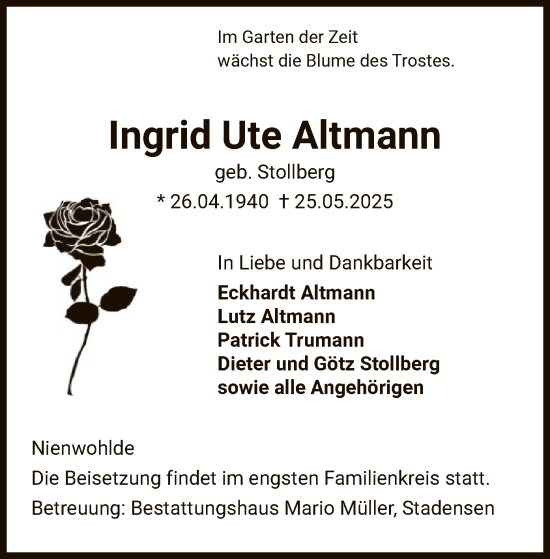 Traueranzeige von Ingrid Ute Altmann von AZ