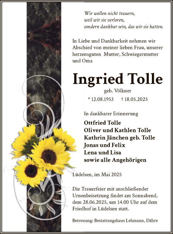 Traueranzeige von Ingried Tolle von AMZ