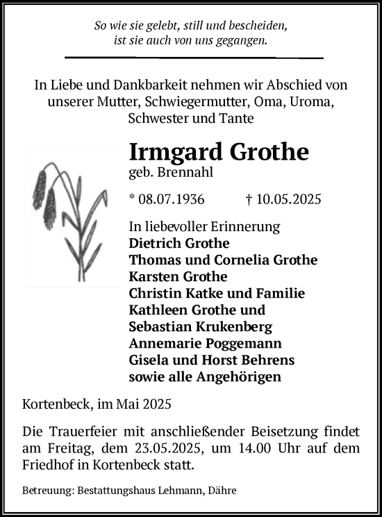 Traueranzeige von Irmgard Grothe von UEL