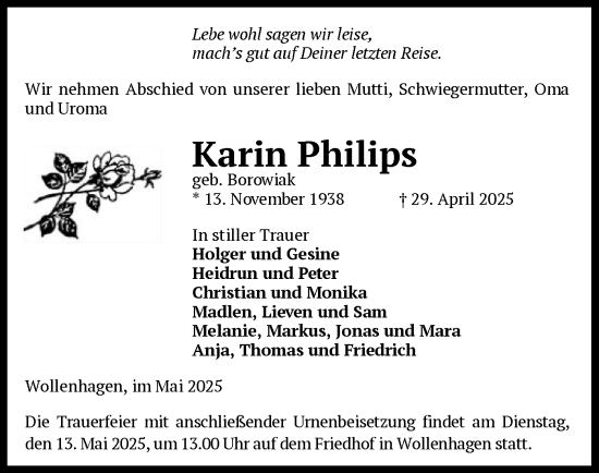 Traueranzeige von Karin Philips von UEL