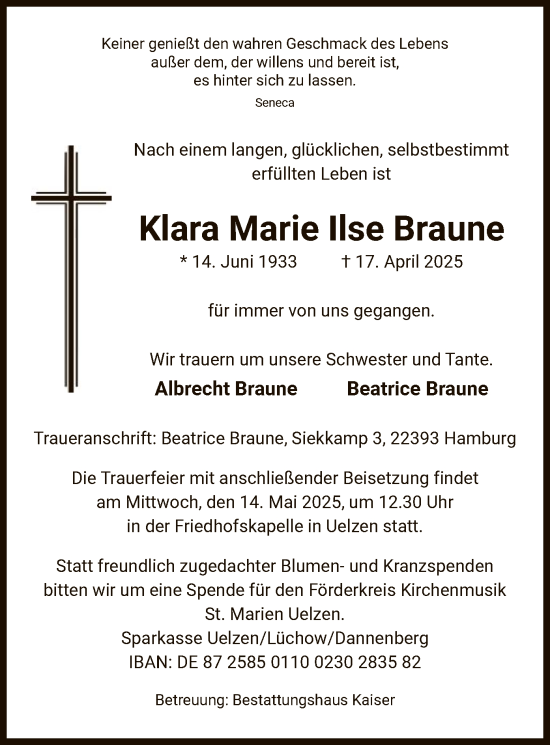 Traueranzeige von Klara Marie Ilse Braune von UEL