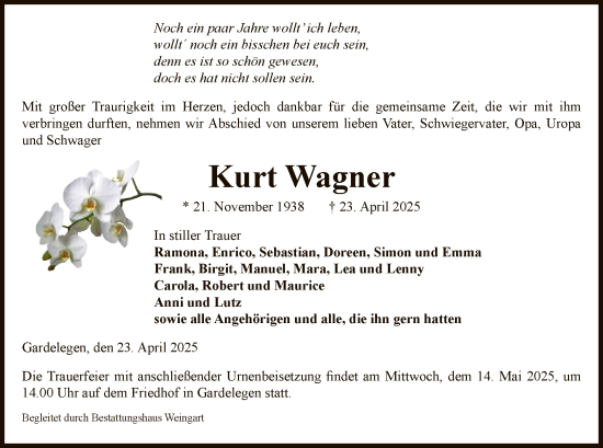 Traueranzeige von Kurt Wagner von UEL