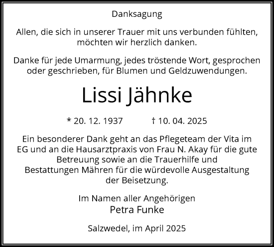 Traueranzeige von Lissi Jähnke von UEL