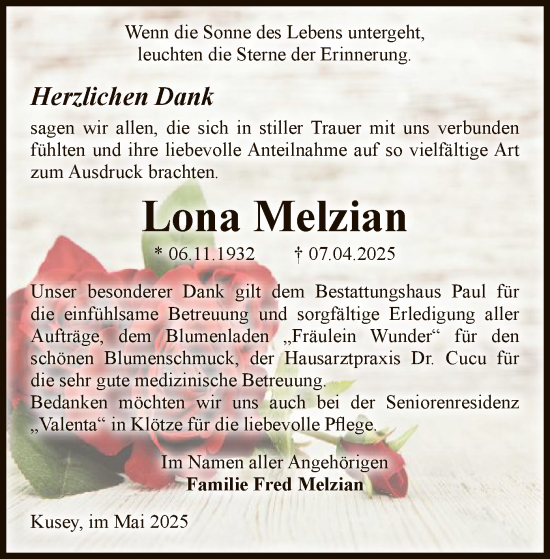 Traueranzeige von Lona Melzian von AMZ