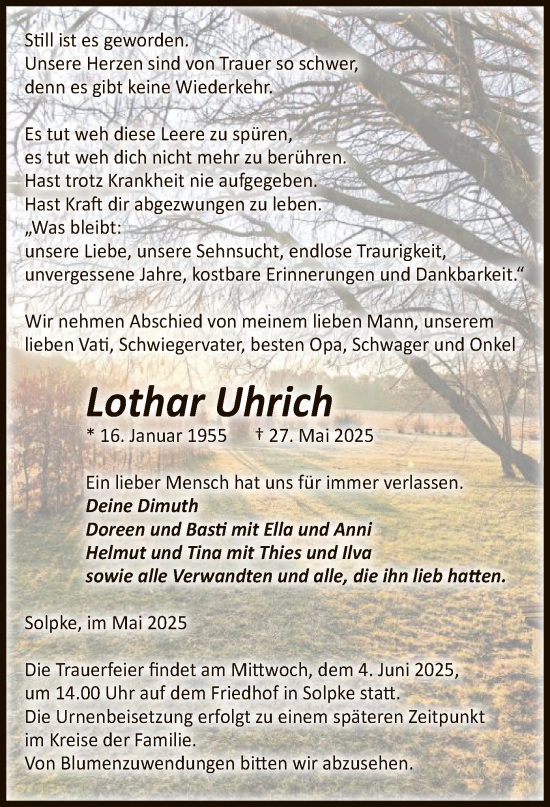 Traueranzeige von Lothar Uhrich von AMZ