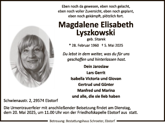 Traueranzeige von Magdalene Elisabeth Lyszkowski von UEL