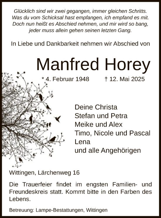 Traueranzeige von Manfred Horey von UEL