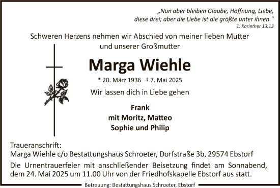 Traueranzeige von Marga Wiehle von UEL