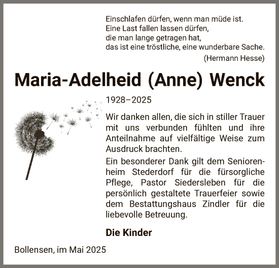 Traueranzeige von Maria-Adelheid Wenck von UEL