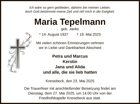 Traueranzeige von Maria Tepelmann von IK