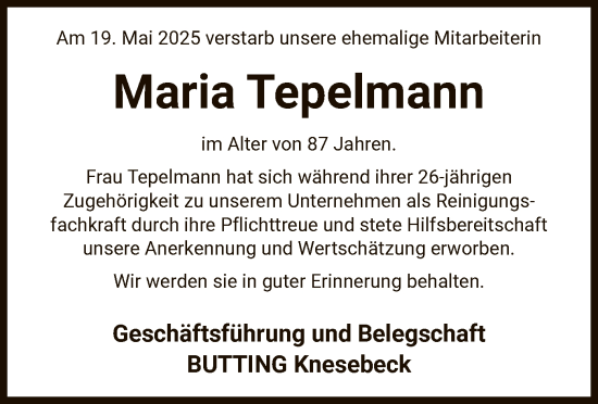 Traueranzeige von Maria Tepelmann von IK