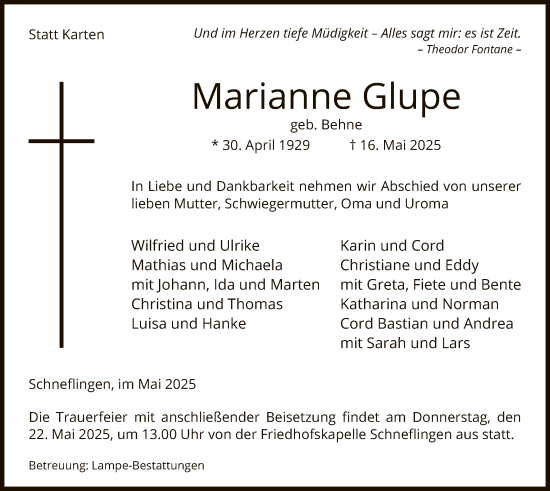 Traueranzeige von Marianne Glupe von UEL