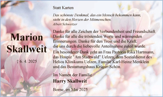 Traueranzeige von Marion Skallweit von UEL