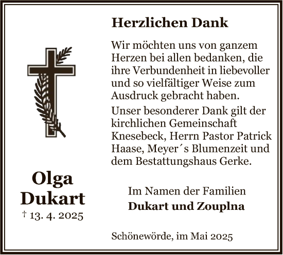 Traueranzeige von Olga Dukart von UEL