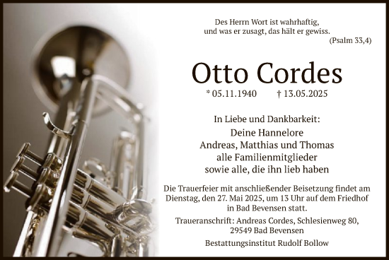 Traueranzeige von Otto Cordes von UEL