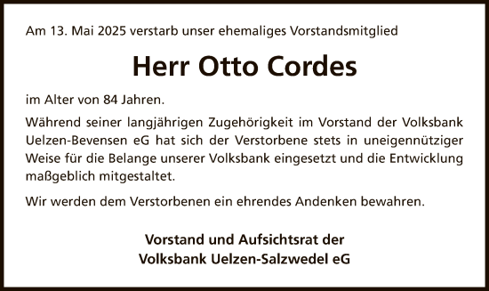 Traueranzeige von Otto Cordes von AZ