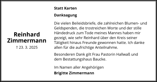Traueranzeige von Reinhard Zimmermann von UEL