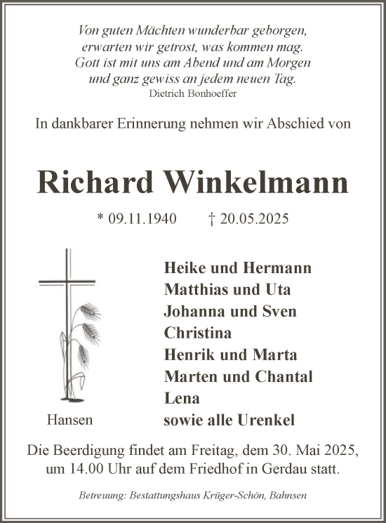 Traueranzeige von Richard Winkelmann von AZ