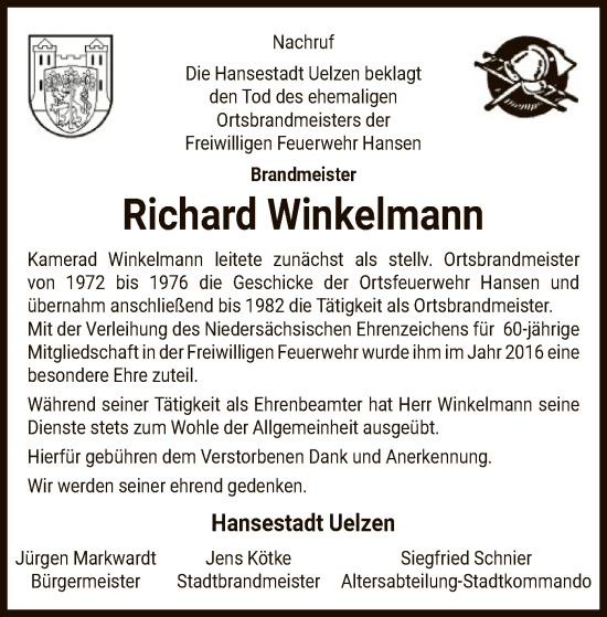 Traueranzeige von Richard Winkelmann von AZ