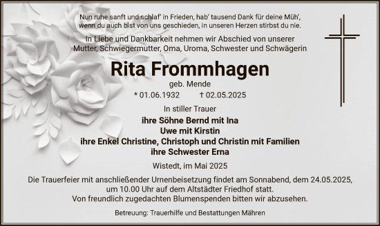 Traueranzeige von Rita Frommhagen von UEL
