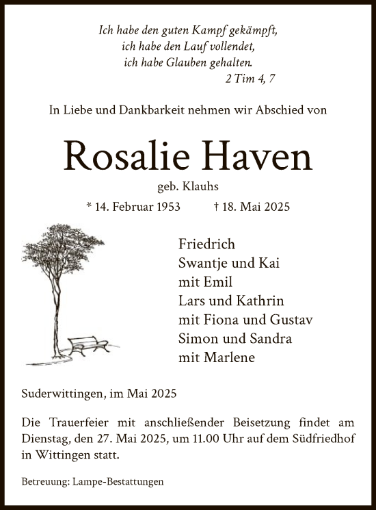 Traueranzeige von Rosalie Haven von IK