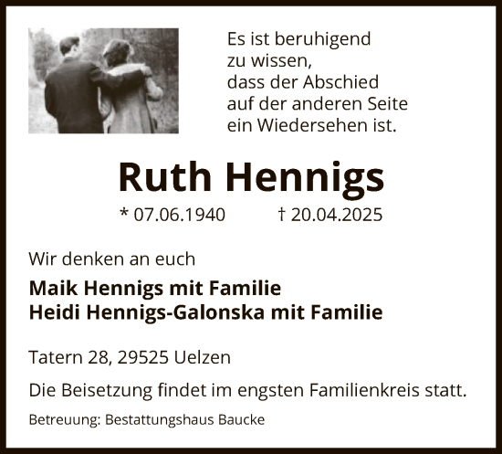 Traueranzeige von Ruth Hennigs von UEL