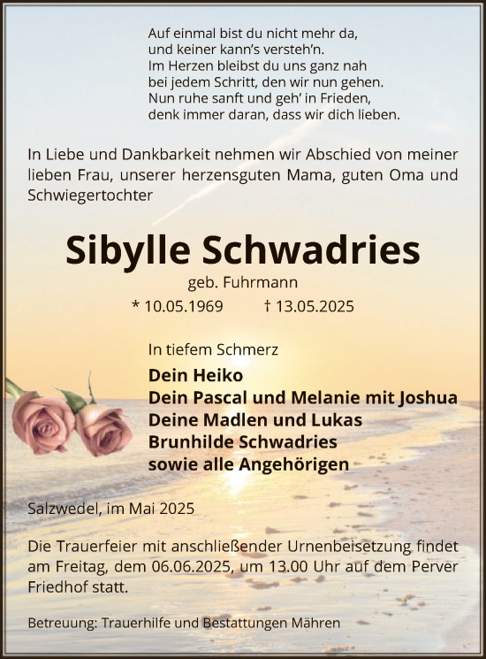 Traueranzeige von Sibylle Schwadries von UEL