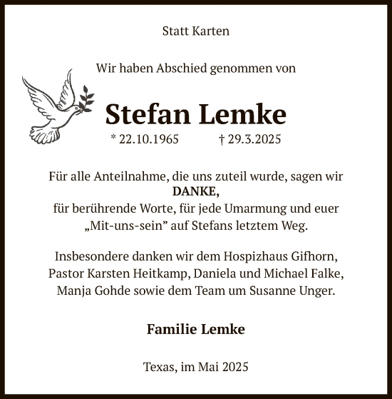 Traueranzeige von Stefan Lemke von UEL