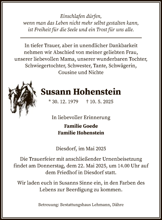 Traueranzeige von Susann Hohenstein von UEL