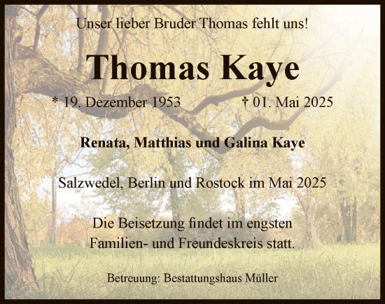 Traueranzeige von Thomas Kaye von UEL