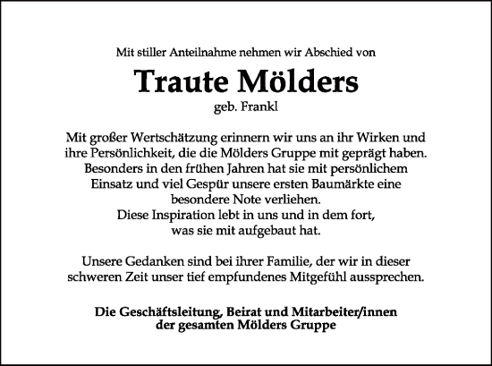 Traueranzeige von Traute Mölders von AZ