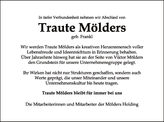 Traueranzeige von Traute Mölders von AZ