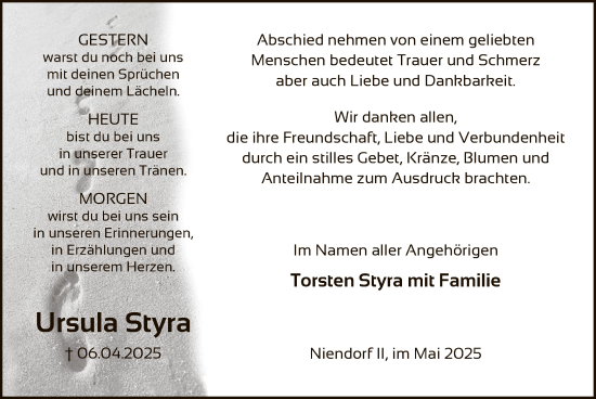 Traueranzeige von Ursula Styra von UEL