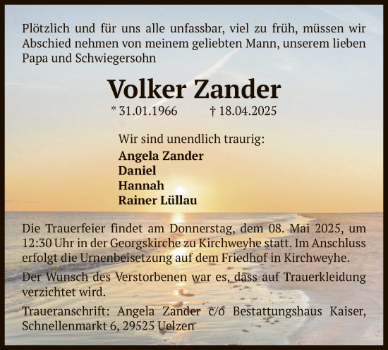 Traueranzeige von Volker Zander von UEL