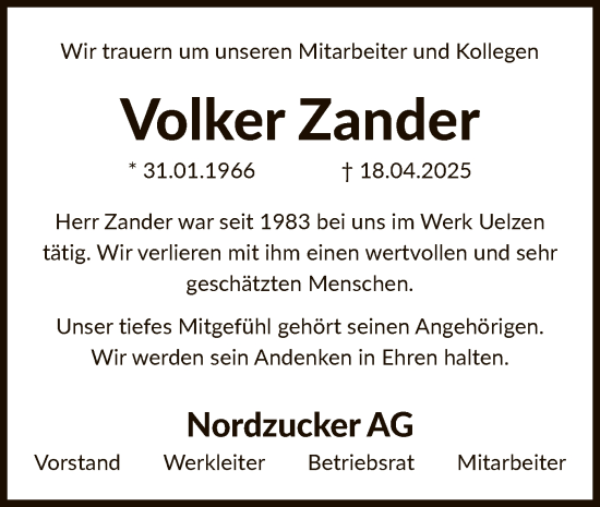 Traueranzeige von Volker Zander von UEL