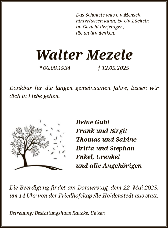 Traueranzeige von Walter Mezele von UEL